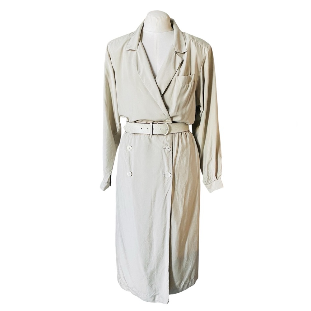 Vintage 80s Liz Claiborne Beige Silk Dress With Shoulder Pads